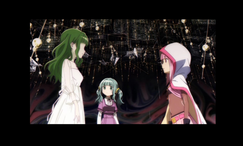3girls ai-chan_(madoka_magica) anime_coloring artist_request back_ribbon belt belt_buckle black_border black_gloves black_shirt black_shorts blunt_bangs bodystocking border buckle buttons caidychen&#039;s_green-eyed_girl center_frills city cloak closed_mouth collared_shirt covered_navel cowboy_shot crop_top dress expressionless face-to-face faceless faceless_female frilled_sleeves frills from_side futaba_sana game_cg gloves gold_buckle green_eyes hair_ornament hair_scrunchie high_collar hood hood_up hooded_cloak layered_sleeves light_blush long_dress long_hair long_sleeves looking_at_another magia_record:_mahou_shoujo_madoka_magica_gaiden magical_girl mahou_shoujo_madoka_magica medium_hair mizuna_girls&#039;_academy_school_uniform multiple_girls neck_ribbon official_art parted_lips pink_belt pink_eyes pink_hair pink_skirt pleated_dress pleated_skirt pointy_nose purple_dress red_ribbon ribbon school_uniform scrunchie see-through_clothes see-through_sleeves shirt shirt_under_dress short_over_long_sleeves short_sleeves shorts shorts_under_skirt sidelocks skirt standing tamaki_iroha tareme twintails uwasa_(madoka_magica) wavy_hair white_cloak white_dress white_ribbon white_shirt witch&#039;s_labyrinth yellow_scrunchie