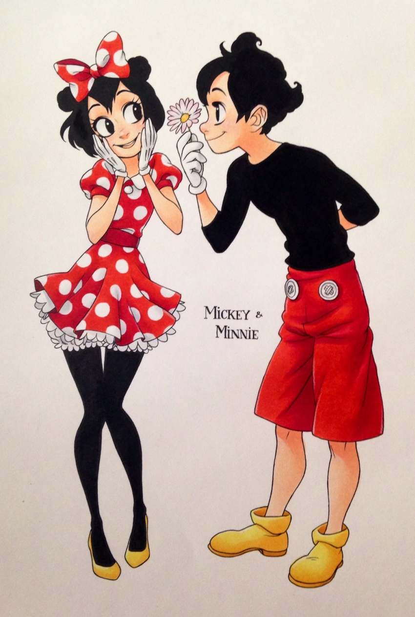 1boy 1girl :d black_eyes black_hair black_pantyhose character_name chihiro_howe closed_mouth commentary couple disney double_bun english_commentary eye_contact flat_chest flower full_body gloves hair_bun hair_ribbon happy hetero highres holding holding_flower looking_at_another looking_to_the_side mickey_mouse minnie_mouse open_mouth pantyhose personification polka_dot polka_dot_ribbon red_ribbon red_shorts ribbon shoes short_hair shorts smile standing traditional_media white_gloves yellow_shoes
