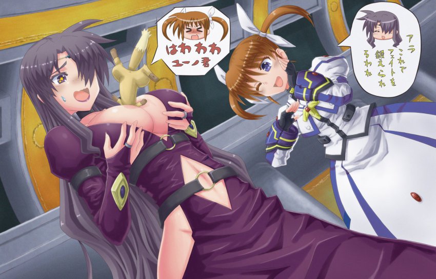 &gt;_&lt; 00s 1boy 2girls between_breasts blush body_switch breast_hold breasts bridal_gauntlets brown_hair circlet closed_eyes clothing_cutout dress ferret fingerless_gloves gloves hand_on_own_cheek hand_on_own_face hip_vent large_breasts lipstick long_hair lyrical_nanoha mahou_shoujo_lyrical_nanoha makeup multiple_girls navel_cutout one_eye_closed open_mouth personality_switch presea_testarossa purple_eyes purple_hair purple_lips short_hair short_twintails side_slit speech_bubble star-shaped_pupils star_(symbol) sunago sweatdrop symbol-shaped_pupils takamachi_nanoha takamachi_nanoha_(movie_1st_mode) translation_request twintails very_long_hair wink yuuno_scrya