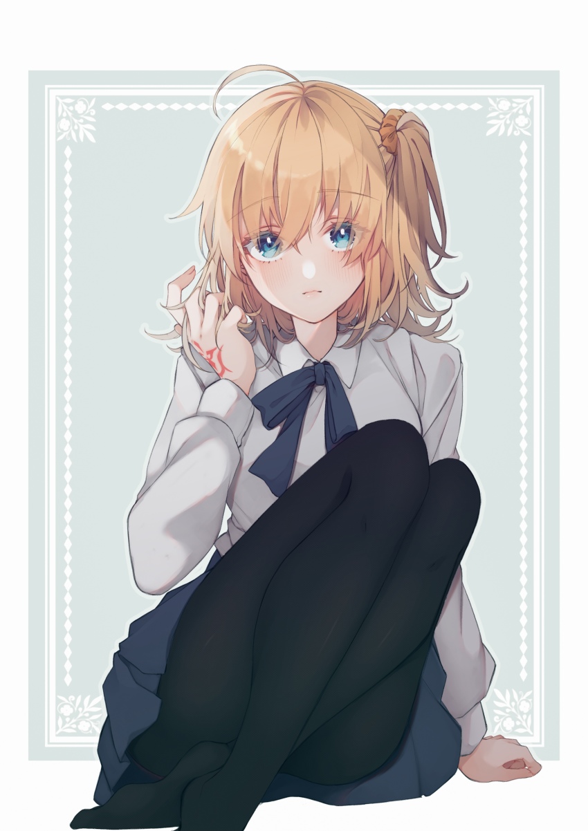 1girl absurdres ahoge alternate_eye_color alternate_hairstyle artoria_pendragon_(fate) black_pantyhose blonde_hair blue_eyes blue_skirt blush breasts collared_shirt command_spell dress_shirt fate/grand_order fate_(series) fujimaru_ritsuka_(female) fujimaru_ritsuka_(female)_(anniversary_blonde) hair_ornament hair_scrunchie highres knees_up legs long_sleeves looking_at_viewer medium_breasts one_side_up pantyhose saber_(fate) scrunchie shirt short_hair sitting skirt solo suna_co white_shirt