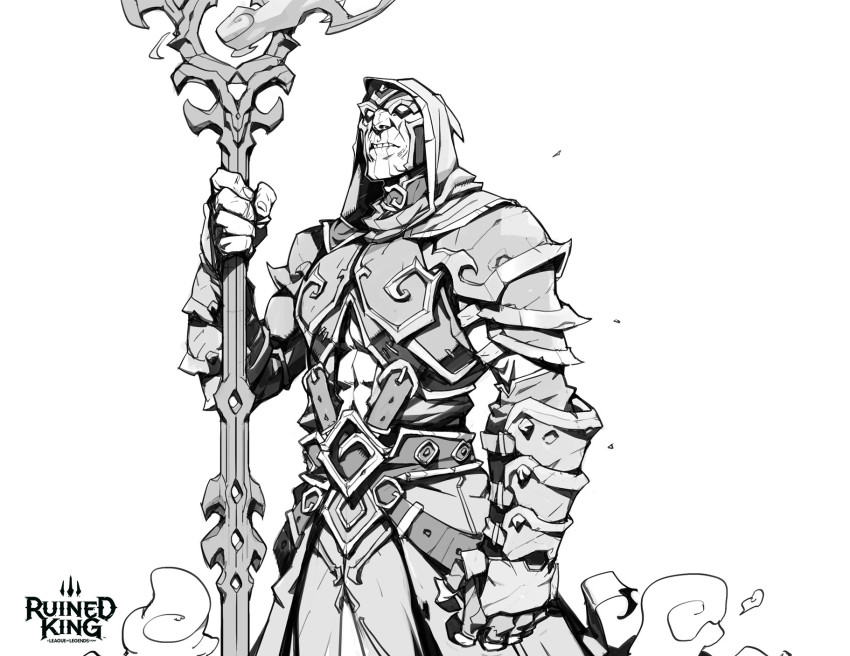 1boy abs armor belt character_request commentary copyright_name greyscale hicham_habchi highres holding holding_staff hood hood_up league_of_legends long_sleeves monochrome necrit_(league_of_legends) no_eyes official_art pants parted_lips ruined_king:_a_league_of_legends_story solo staff teeth white_background