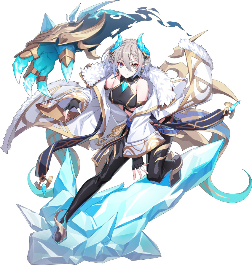 1girl armpit_crease bare_shoulders black_gloves black_pants black_shirt blue_eyes braid breasts claws coat crop_top crystal dragon_horns earrings elbow_gloves fingerless_gloves full_body fur_trim gloves gold_trim grand_chase grey_hair hair_between_eyes halterneck halterneck highres horns jewelry leaning_forward long_coat long_sleeves looking_at_viewer medium_breasts midriff off_shoulder official_art open_clothes open_coat pants pointy_ears shirt short_hair sidelocks sleeveless sleeveless_shirt slit_pupils solo taut_clothes taut_shirt tiamat_(grand_chase) transparent_background white_coat wide_sleeves