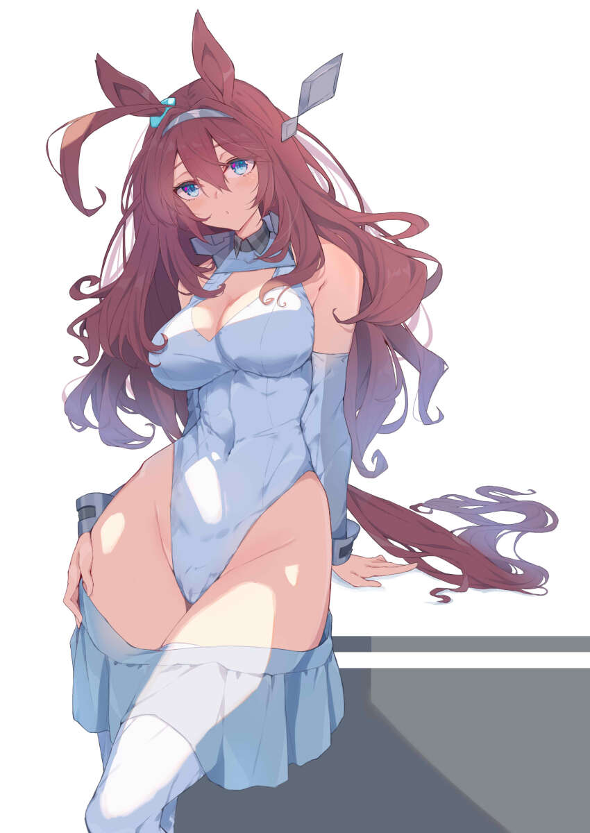 1girl absurdres ahoge animal_ears arm_support bare_shoulders blue_eyes blush breasts brown_hair check_commentary cleavage cleavage_cutout clothes_pull clothing_cutout commentary_request covered_navel curvy detached_sleeves double-parted_bangs ear_ornament floating_headgear grey_skirt grey_sleeves groin hair_between_eyes hairband headgear highleg highleg_leotard highres hip_dips horse_ears horse_girl horse_tail huge_ahoge impossible_clothes impossible_leotard large_breasts leotard long_hair looking_at_viewer metal_hairband mihono_bourbon_(umamusume) miniskirt narrow_waist partially_undressed sitting skin_tight skirt skirt_pull sleeve_cuffs sleeveless solo surprised tail umamusume undressing white_background white_leotard wide_hips yuuri_(sinjitu-no-yukue)