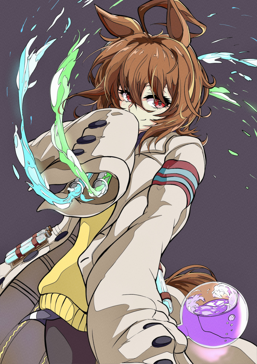 1girl agnes_tachyon_(umamusume) ahoge animal_ears black_pantyhose blue_shirt brown_hair brown_tail buttons commentary_request cowboy_shot earrings flask glowing grey_background hair_between_eyes highres holding holding_flask holding_test_tube horse_ears horse_girl horse_tail jewelry jose_(joseeidossei) lab_coat lapels looking_at_viewer medium_hair messy_hair pantyhose red_eyes round-bottom_flask shirt shirt_under_sweater sidelocks single_earring sleeves_past_fingers sleeves_past_wrists smile solo spilling sweater_vest tail test_tube umamusume yellow_sweater_vest zipper