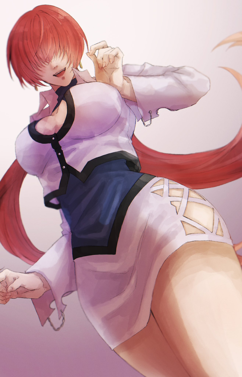 1girl breasts center_opening clothing_cutout covered_eyes cowboy_shot cropped_jacket earrings gradient_background hair_over_eyes highres jacket jewelry long_hair long_sleeves looking_at_viewer medium_breasts miniskirt nshi_5477 open_mouth pink_jacket pink_skirt red_hair shermie_(kof) skirt smile solo split_ponytail teeth the_king_of_fighters tongue upper_teeth_only