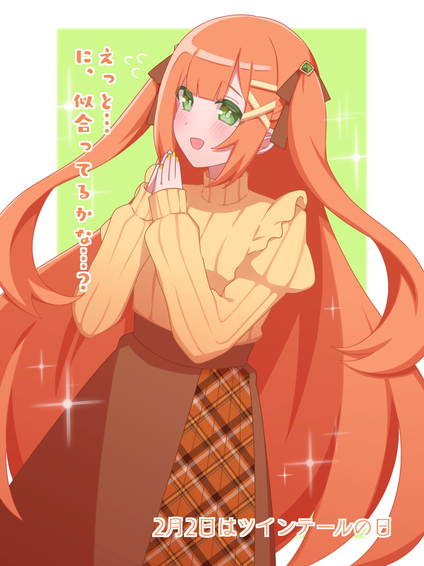 1girl :d absurdres alternate_costume blunt_bangs blush brown_skirt flying_sweatdrops green_background green_eyes hair_ornament highres kingdom_hearts kingdom_hearts_x long_hair long_skirt long_sleeves looking_at_viewer open_mouth orange_hair orange_sweater own_hands_together plaid_clothes plaid_skirt pleated_skirt ribbed_sweater ribbon skirt smile solo sparkle steepled_fingers strelitzia_(kingdom_hearts) sweater translation_request two-tone_background two_side_up very_long_hair w3n6ev white_background x_hair_ornament yellow_nails
