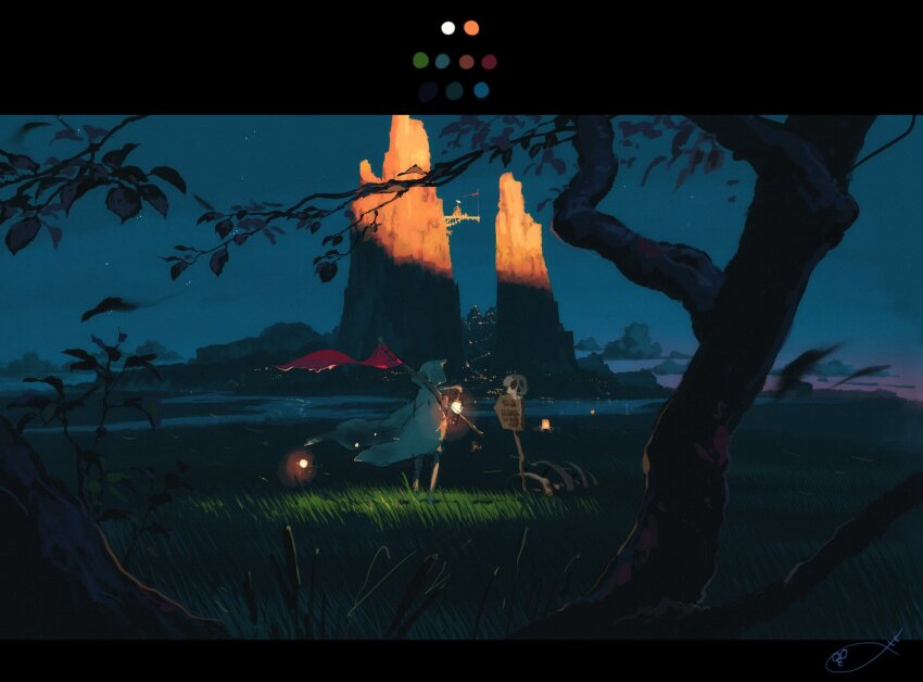 1other bone cattail city_lights cloak cloud color_guide flag grass hand_up highres holding holding_flag holding_lantern hood hood_up hooded_cloak lantern letterboxed mountain nature night night_sky original outdoors plant red_flag river scenery sign skull sky solo star_(sky) totsu tree white_cloak