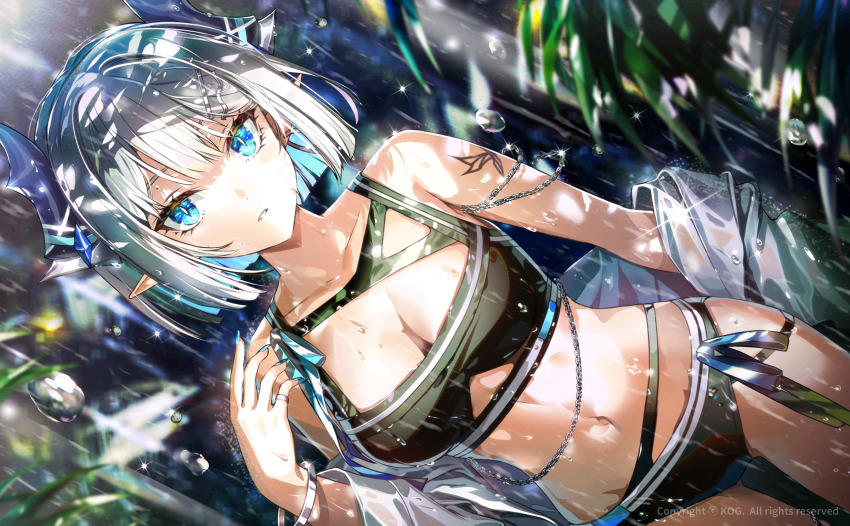 1girl bare_shoulders bikini black_bikini blue_eyes breasts cleavage copyright_notice dragon_girl dragon_horns dutch_angle grand_chase grey_hair highres horns leaf medium_breasts medium_hair nail_polish navel official_alternate_costume official_art outdoors pointy_ears see-through_clothes slit_pupils solo stomach swimsuit sword thighs tiamat_(grand_chase) tsurime water_drop watermark weapon wet