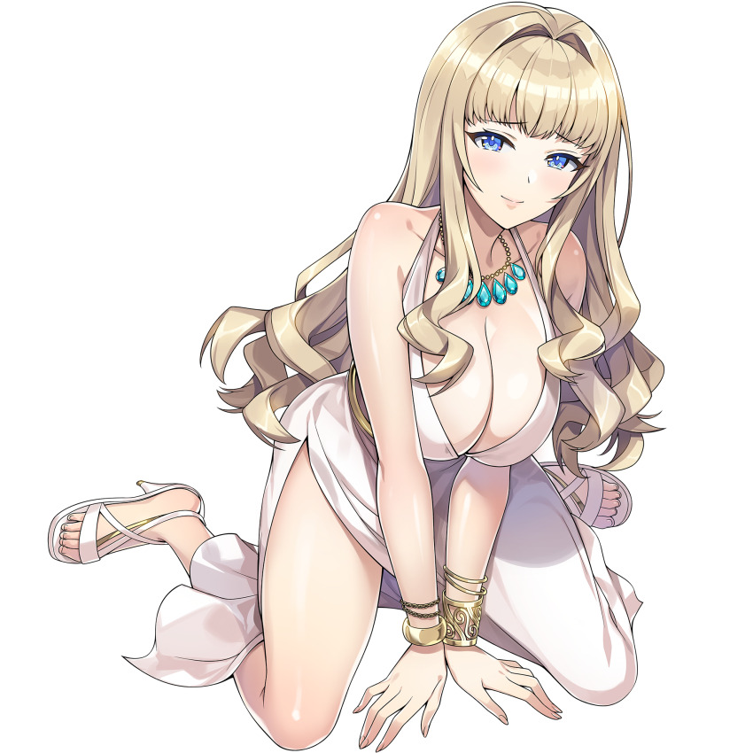 1girl blonde_hair blue_eyes bracelet breasts cleavage closed_mouth diamond_necklace dolphin_wave dress game_cg gold_bracelet hair_intakes hands_on_floor high_heel_sandals highres jewelry kirahoshi_kanna large_breasts leaning_forward long_hair looking_at_viewer non-web_source official_alternate_costume official_art ootomo_takuji side_slit sitting smile solo transparent_background wariza wavy_hair white_dress