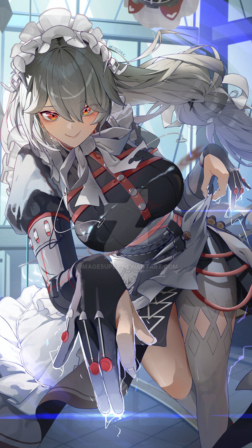 1girl absurdres alexandrina_sebastiane anastella_(zenless_zone_zero) apron artist_request bangboo_(zenless_zone_zero) black_gloves breasts commentary dress drusilla_(zenless_zone_zero) electricity english_commentary foreshortening gloves grey_hair hair_between_eyes highres large_breasts long_hair looking_at_viewer maid maid_headdress partially_fingerless_gloves red_eyes screw_hair_ornament smile solo_focus spiked_headband very_long_hair zenless_zone_zero