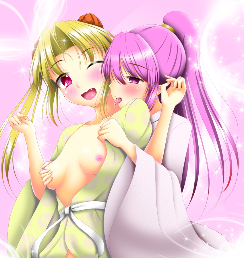 2girls blonde_hair hide_yoshino highres multiple_girls nipples purple_eyes purple_hair red_eyes sengoku_otome tokugawa_ieyasu_(sengoku_otome)