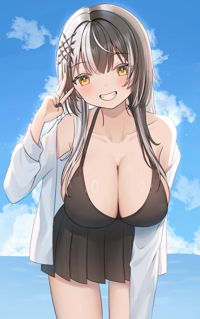 1girl black_dress black_hair black_nails blue_sky blush breasts cleavage commentary day dress grey_hair grin halterneck highres hololive hololive_english huge_breasts jacket leaning_forward litch1801 long_hair looking_at_viewer multicolored_hair outdoors shiori_novella sky smile solo split-color_hair teeth two-tone_hair virtual_youtuber white_jacket yellow_eyes