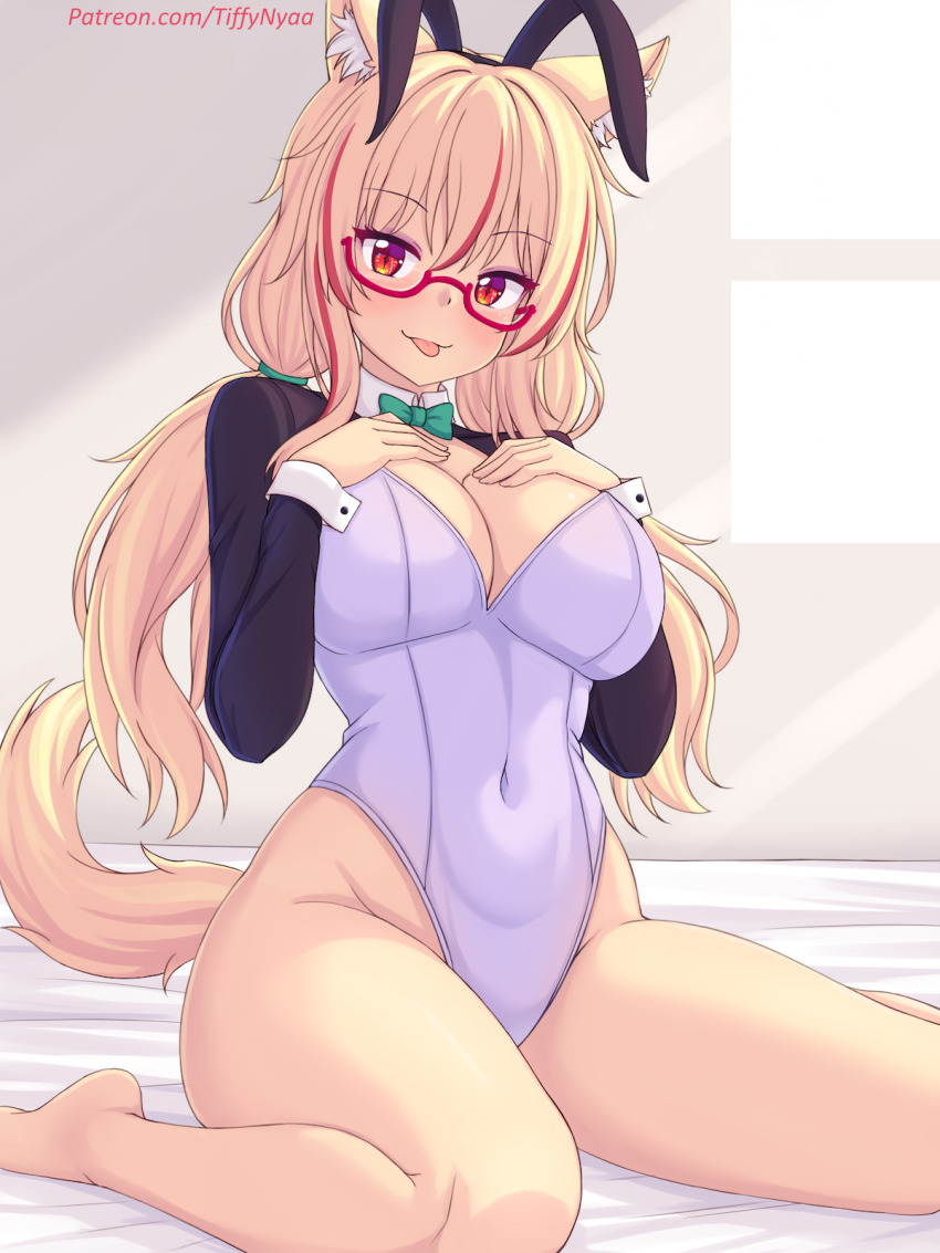 1girl :p animal_ear_fluff animal_ears bare_legs barefoot bed_sheet black_hairband blonde_hair bow bowtie breasts cat_ears cat_girl cat_tail cleavage closed_mouth commentary_request covered_groin fake_animal_ears glasses green_bow green_bowtie hair_between_eyes hairband hands_up highres indoors large_breasts leotard long_hair long_sleeves looking_at_viewer low_twintails multicolored_hair no_shoes nottytiffy original playboy_bunny rabbit_ears red-framed_eyewear red_eyes red_hair semi-rimless_eyewear shrug_(clothing) sitting smile solo streaked_hair tail tiffy_(nottytiffy) tongue tongue_out twintails under-rim_eyewear very_long_hair wariza watermark web_address white_leotard window