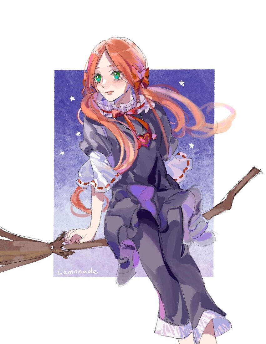 1girl artist_name black_pajamas black_pants bow broom broom_riding chocolat_meilleure closed_mouth commentary_request frilled_shirt frilled_sleeves frills green_eyes hair_bow heart_pendant highres looking_to_the_side orange_hair pajamas pants realemonade red_bow shirt solo star_(symbol) sugar_sugar_rune twintails