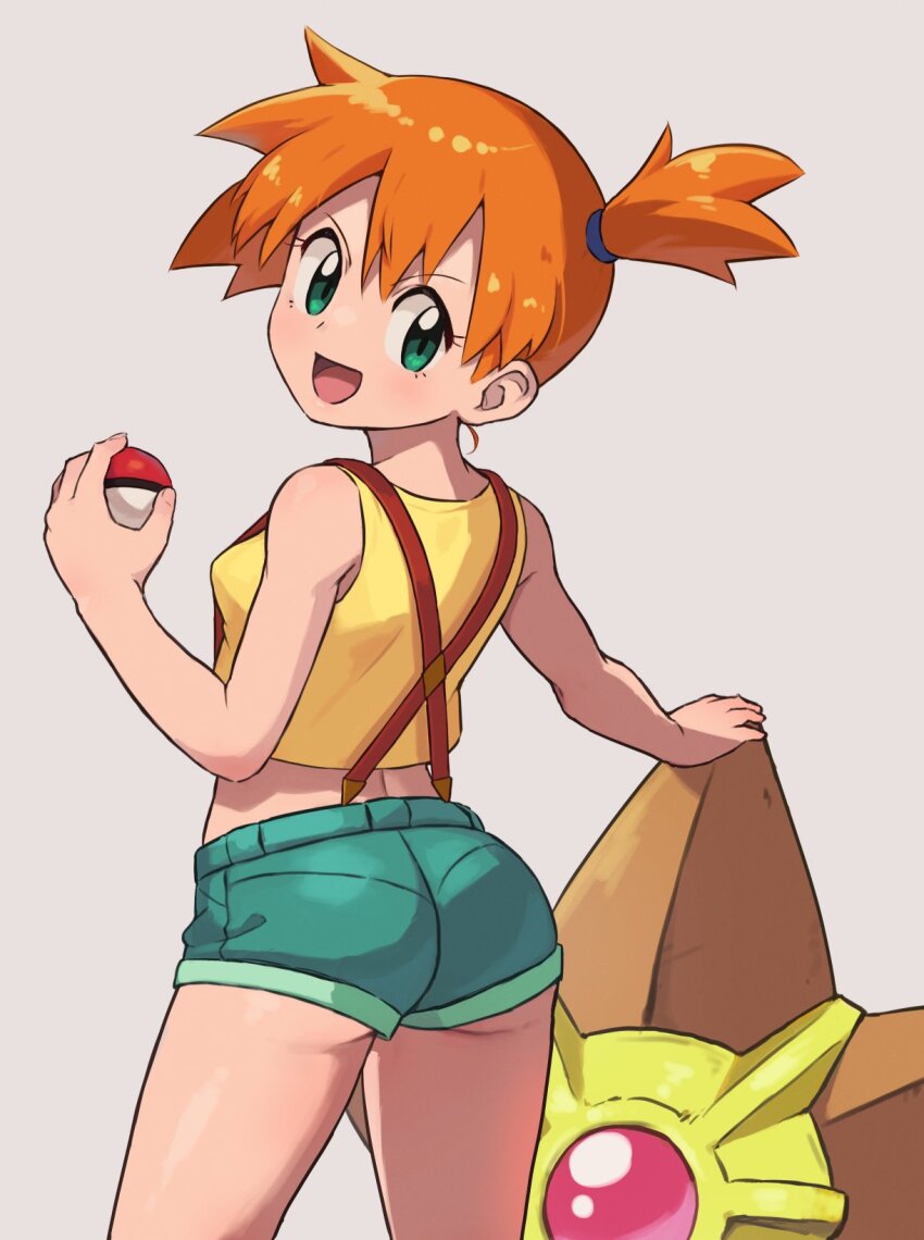 1girl :d ass bare_arms chiwino commentary_request eyelashes gen_1_pokemon green_eyes green_shorts highres holding holding_poke_ball misty_(pokemon) nintendo open_mouth orange_hair poke_ball poke_ball_(basic) pokemon pokemon_(anime) pokemon_(classic_anime) pokemon_(creature) shirt short_hair short_shorts shorts side_ponytail simple_background sleeveless sleeveless_shirt smile staryu suspenders tongue white_background yellow_shirt