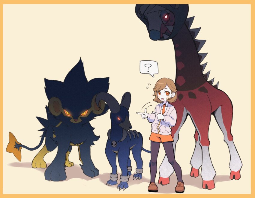 1girl ? alternate_color black_pantyhose border brown_footwear brown_hair commentary_request double_finger_gun farigiraf finger_gun full_body gen_2_pokemon gen_4_pokemon giraffe glowing glowing_eyes highres houndoom luxray medium_hair necktie nintendo noi_(noi_pk27) orange_eyes orange_necktie orange_shorts original pantyhose pantyhose_under_shorts pokemon pokemon_(creature) red_eyes shiny_pokemon shoes shorts simple_background spoken_question_mark standing tail white_background yellow_border yellow_eyes