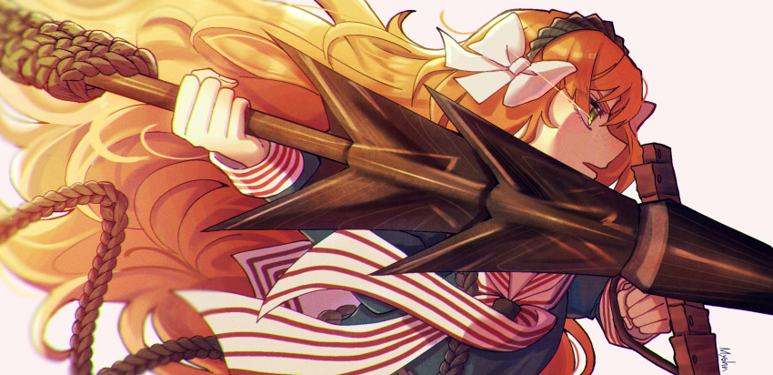 1girl blue_shirt bow freckles from_side green_eyes hair_bow hairband highres holding holding_harpoon holding_shield ishmael_(project_moon) limbus_company long_hair long_sleeves myohn neckerchief open_mouth orange_hair project_moon rope sailor_collar sailor_shirt shield shirt simple_background snagharpoon_(e.g.o) solo striped_neckerchief very_long_hair white_background white_bow