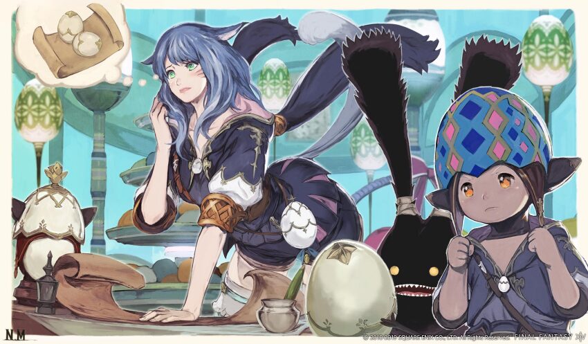 1boy 1girl animal_ears artist_request bent_over black_thighhighs blue_hair blue_hoodie cat_ears cat_tail closed_mouth easter_egg egg facial_mark final_fantasy final_fantasy_xiv green_eyes headwear_pull highres hood hoodie inkwell jihli_aliapoh lalafell miqo&#039;te no_headwear official_art orange_eyes scroll speech_bubble spriggan_(final_fantasy) tail thighhighs thought_bubble whisker_markings