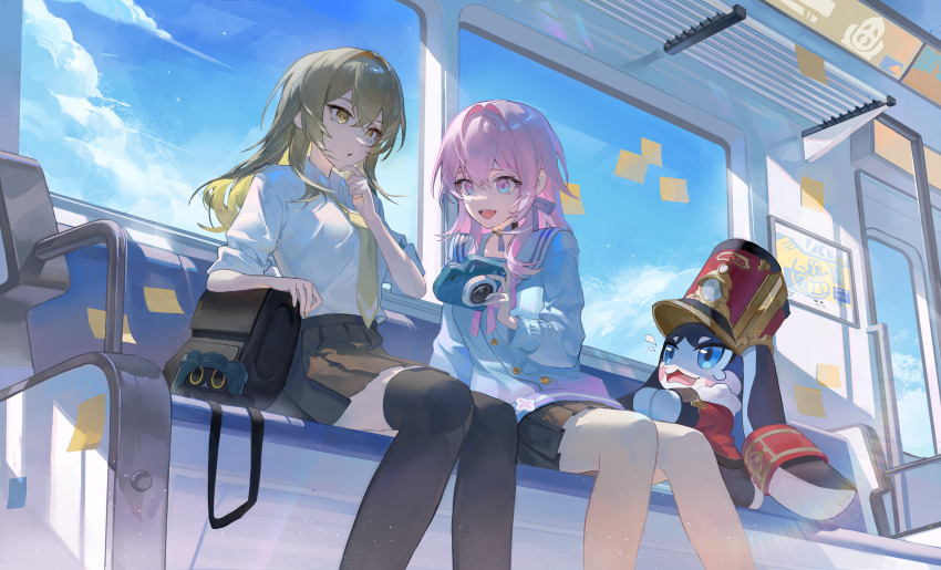 1other 2girls absurdres alternate_costume alternate_hair_length alternate_hairstyle black_choker black_skirt black_thighhighs blonde_hair blue_cardigan blue_eyes blue_sky borrowed_design breasts camera cardigan choker clockie_(honkai:_star_rail) cloud cloudy_sky commentary english_commentary hair_intakes highres holding holding_camera honkai:_star_rail honkai_(series) long_hair march_7th_(honkai:_star_rail) medium_breasts medium_hair miniskirt multicolored_eyes multiple_girls necktie penguinbutler pink_eyes pink_hair pleated_skirt pom-pom_(honkai:_star_rail) school_uniform shirt sitting skirt sky sleeves_rolled_up stelle_(honkai:_star_rail) thighhighs trailblazer_(honkai:_star_rail) trailblazer_(trash_cake)_(honkai:_star_rail) train_interior two-tone_eyes white_shirt yellow_eyes yellow_necktie zettai_ryouiki