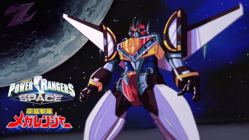 1980s_(style) 1990s_(style) animification bandai character_request clenched_hand copyright_name denji_sentai_megaranger highres mecha mechanical_wings mega_voyager moon no_humans oldschool oobari_masami_(style) open_hand power_rangers power_rangers_in_space retro_artstyle robot saban_entertainment solo space star_(sky) super_robot super_sentai tokusatsu v-fin wings yellow_eyes zakman-wahid