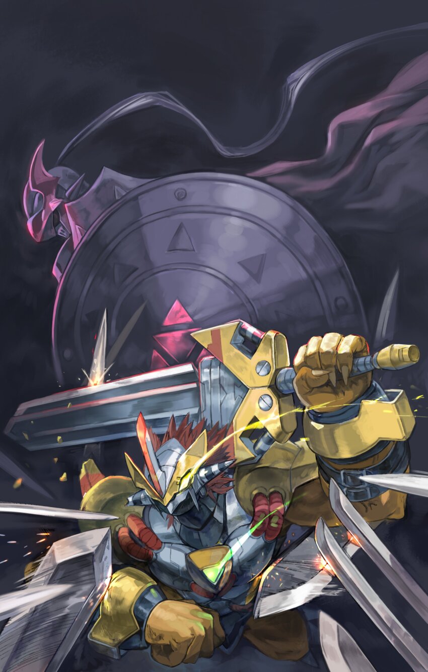 absurdres arm_belt armor blocking breastplate broken_armor cape chaosdukemon chest_jewel claws colored_skin commentary crotch_plate damaged dark_background digimon digimon_(creature) dragon dukemon eye_trail fake_horns fingernails floating_cape from_side full_armor gem glowing glowing_eyes green_gemstone helmet highres holding holding_shield holding_sword holding_weapon horned_helmet horns knight level-00 light_trail long_fingernails long_hair no_eyes orange_skin plume pointing_melee_weapon pointing_sword red_hair screw sharp_fingernails shield short_hair shoulder_spikes single_horn sparks spiked_hair spikes surrounded sword symbol-only_commentary tube veins veiny_arms victorygreymon weapon white_armor yellow_armor yellow_eyes