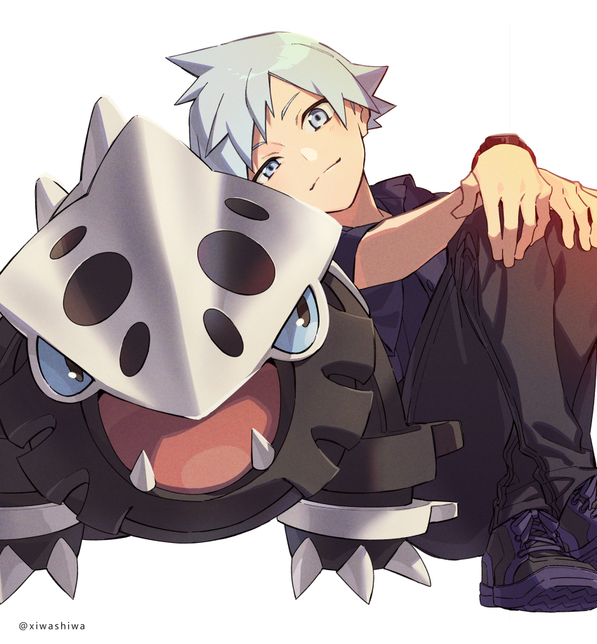 1boy aged_down black_pants closed_mouth commentary_request gen_3_pokemon grey_eyes grey_hair highres lairon light_blush looking_at_viewer male_focus nintendo pants pokemon pokemon_(creature) pokemon_rse purple_footwear shirt shoes short_hair short_sleeves sitting smile spiked_hair steven_stone twitter_username white_background xia_(ryugo)