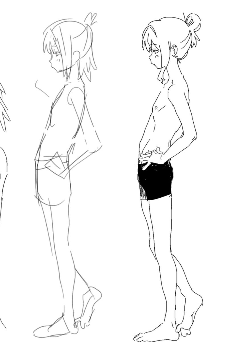 1girl barefoot greyscale hand_on_own_hip highres iketaraikuw monochrome nude otori_tan ponytail seitokai_ni_mo_ana_wa_aru! sketch skirt standing towel underwear