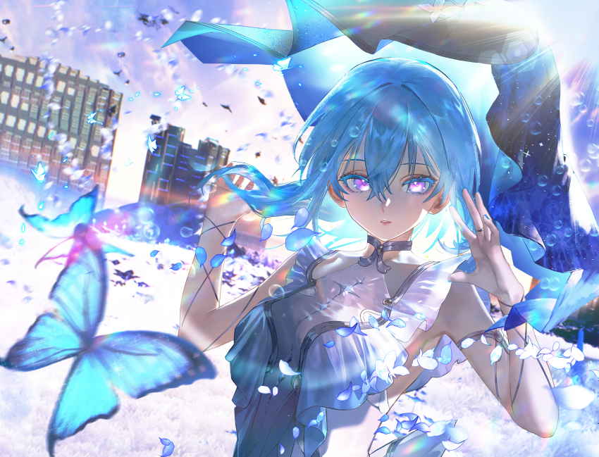 1girl absurdres armlet blue_butterfly blue_hair blue_nails blue_veil bug butterfly chinese_commentary colored_eyelashes commentary_request dress glowing glowing_eyes hair_between_eyes hands_up highres insect jewelry jin_sumire long_hair looking_at_viewer nail_polish parted_lips partial_commentary purple_eyes sleeveless sleeveless_dress solo shorekeeper_(wuthering_waves) two-tone_veil unworn_headwear upper_body veil white_dress white_veil wuthering_waves