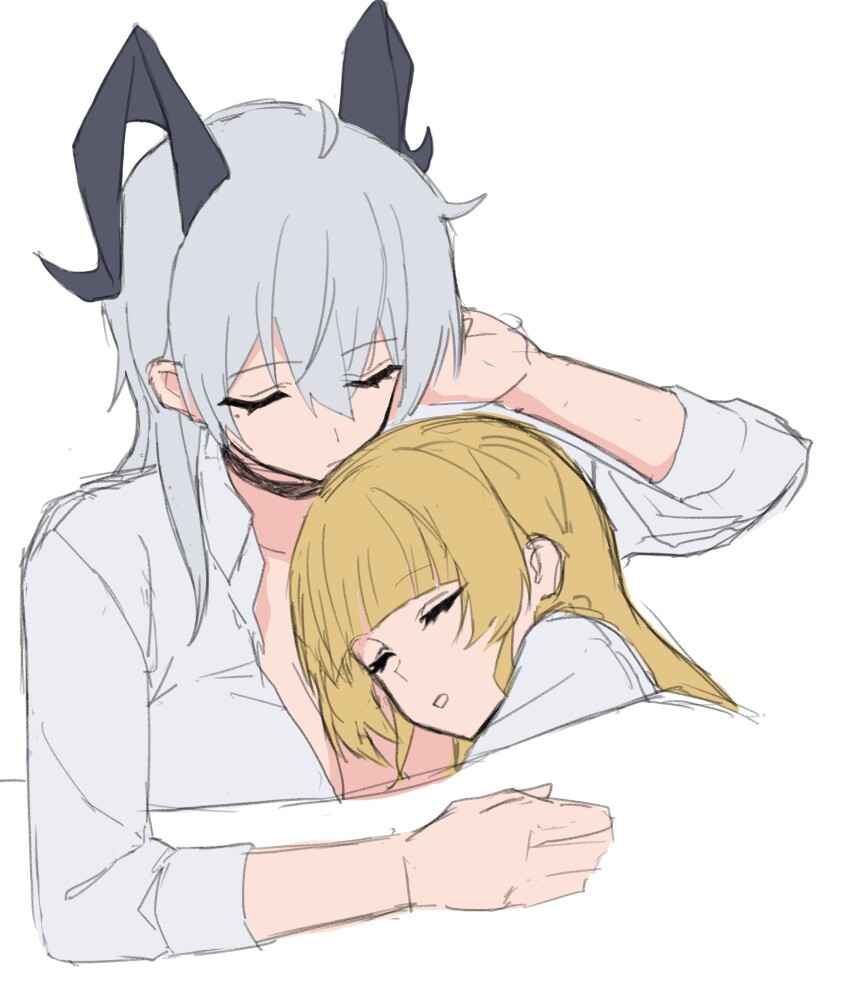2girls absurdres blonde_hair breasts closed_eyes commentary cuddling grey_hair hashtag-only_commentary highres horns large_breasts lhuwrya4ei45234 long_hair long_sleeves mole mole_under_eye multiple_girls open_clothes open_shirt parted_lips phoebe_(wuthering_waves) shirt simple_background sleeping sleeping_on_person under_covers white_background white_shirt wuthering_waves yuri zani_(wuthering_waves)
