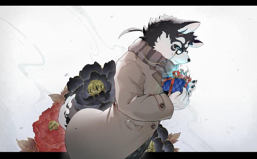 blue_eyes flower gift glasses highres holding kiekoio light_smile mantle masanori_(housamo) scar scarf tokyo_houkago_summoners white_background yagasuri