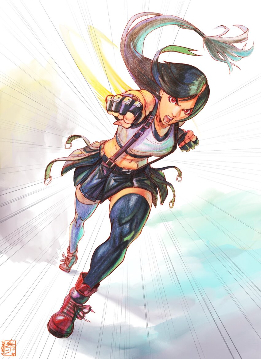 1girl acecore2k black_gloves black_hair black_skirt black_thighhighs breasts clenched_hands commentary crop_top dust_cloud emphasis_lines english_commentary fighting_stance final_fantasy final_fantasy_vii final_fantasy_vii_rebirth final_fantasy_vii_remake fingerless_gloves floating_hair full_body gloves highres incoming_attack incoming_punch long_hair low-tied_long_hair medium_breasts midriff miniskirt navel open_mouth punching red_eyes serious signature skirt solo standing suspender_skirt suspenders swept_bangs tank_top thighhighs tifa_lockhart toned toned_female white_tank_top zettai_ryouiki