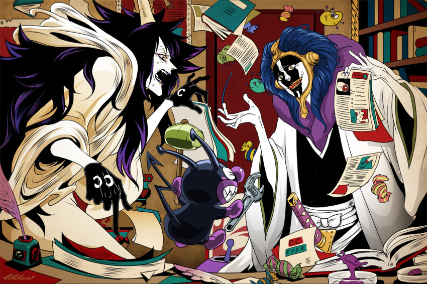 2boys baikinman biliken black_hair bleach blue_hair book caesar_clown candy crossover food gloves horns inkwell kurotsuchi_mayuri long_hair looking_at_another male_focus monster_boy multiple_boys nakao_ryuusei one_piece pale_skin papers science scientist sharp_teeth teeth very_long_hair voice_actor_connection wrench yellow_eyes