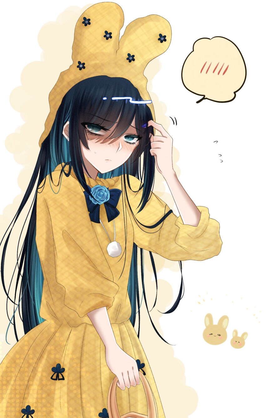 1girl ado_(utaite) animal_ear_hood animal_ears black_bow black_bowtie black_hair blue_eyes blue_flower blue_rose blush bow bowtie chando_(ado) closed_mouth colored_inner_hair commentary dress fake_animal_ears flower highres hood long_hair looking_at_viewer mole mole_under_eye multicolored_hair rose shoko_(gs_music11) sidelocks solo spoken_blush symbol-only_commentary three-quarter_sleeves utaite yellow_dress