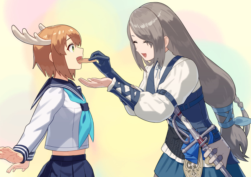 2girls absurdres antlers blue_sailor_collar braid brown_hair commission deer_antlers deer_cracker dress final_fantasy final_fantasy_xvi gloves green_eyes grey_hair han_megumi happy highres horns jill_warrick long_hair multiple_girls pleated_skirt rapier sailor_collar school_uniform serafuku shikanoko_noko shikanoko_nokonoko_koshitantan short_hair single_braid single_glove skeb_commission skirt sword voice_actor_connection weapon yagi2013