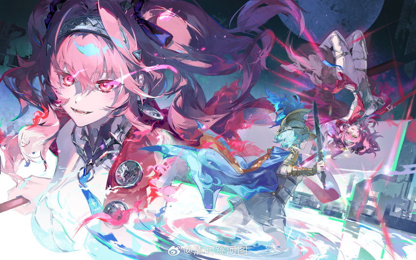 2girls armor blue_hair bodysuit boots breastplate breasts character_request chinese_commentary collar commentary_request hair_between_eyes hairband helmet highres holding holding_polearm holding_sword holding_weapon knight long_hair lupa_(wuthering_waves) medium_breasts metal_collar metal_hairband multiple_girls multiple_views open_mouth pink_hair polearm qingming_tiaohetu red_sash ripples sash smile sword tail thigh_boots weapon white_bodysuit white_boots wolf_tail wrist_guards wuthering_waves