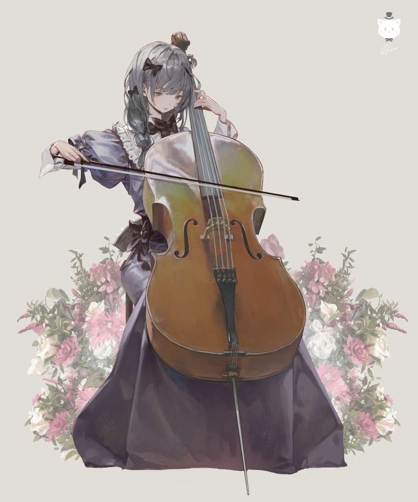 1girl absurdres artist_logo black_bow bow bow_(music) bowtie cello closed_mouth commentary dated_commentary dress english_commentary fingernails flower full_body grey_background grey_dress grey_hair hair_bow highres holding holding_bow_(music) instrument juliet_sleeves jung_wonjo logo long_hair long_sleeves looking_at_object looking_down music original pink_flower playing_instrument puffy_sleeves signature simple_background sitting solo waist_bow white_flower