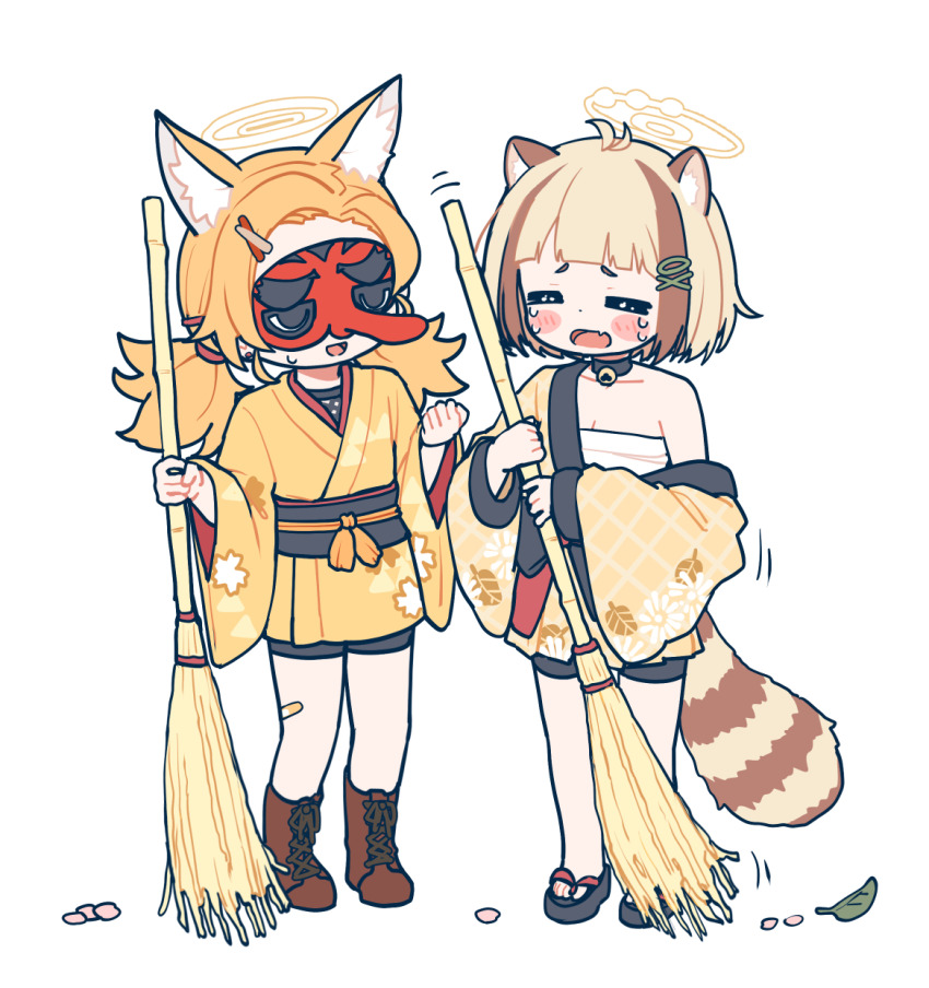 2girls animal_ear_fluff animal_ears arata_(blue_archive) black_choker blonde_hair blue_archive blush boots broom brown_footwear chest_sarashi choker closed_eyes extra_ears fang fox_ears hair_ornament halo highres holding holding_broom japanese_clothes kimono long_sleeves mask morotake multiple_girls obi okobo open_mouth platform_sandals raccoon_ears raccoon_tail revision sandals sarashi sash short_hair short_twintails simple_background skin_fang street_mouryo_(rl)_(blue_archive) tail tengu_mask twintails white_background wide_sleeves x_hair_ornament yellow_halo yellow_kimono