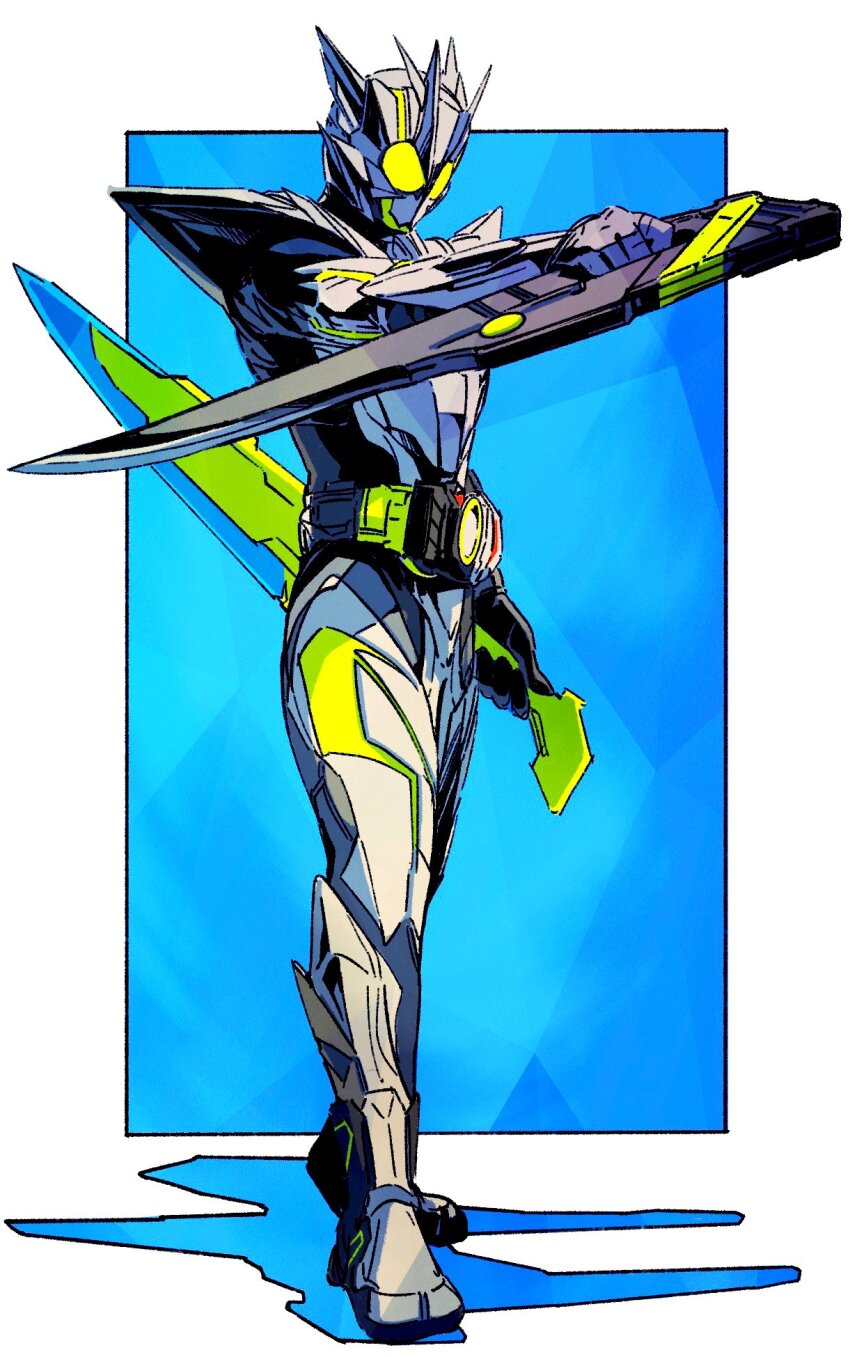 1boy armor attache_calibur border bug rider_belt dual_wielding full_body gloves glowing glowing_eyes grasshopper green_eyes grey_armor highres holding holding_sword holding_weapon insect kamen_rider kamen_rider_01_(series) kamen_rider_zero-one looking_at_viewer male_focus metalcluster_hopper power_armor progrise_hopper_blade progrise_key reverse_grip rider_belt shadow solo standing sword thighs tokusatsu weapon white_border y_a_m_a_y_a zero_one_driver