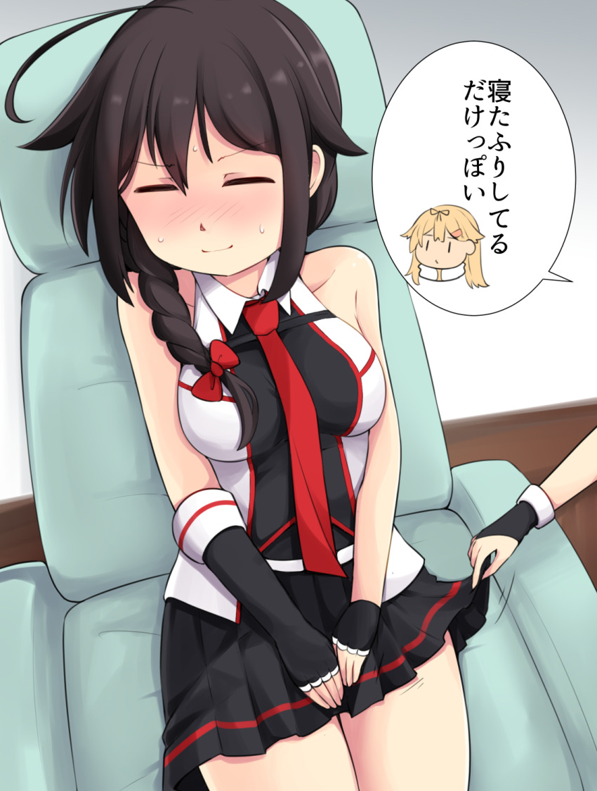 2girls asymmetrical_gloves bare_shoulders black_gloves black_skirt blonde_hair blush bow braid breasts brown_hair closed_eyes clothes_lift elbow_gloves embarrassed facing_down facing_viewer fingerless_gloves gloves hair_between_eyes hair_bow highres hip_focus kantai_collection lifting_another&#039;s_clothes long_hair medium_breasts miniskirt multiple_girls necktie okitarou_(okiyo) pleated_skirt red_bow red_necktie shigure_(kancolle) shigure_kai_san_(kancolle) shirt single_braid single_elbow_glove sitting skirt skirt_lift skirt_tug sleeveless sleeveless_shirt solo_focus speech_bubble thighs translation_request v_arms yuri yuudachi_(kancolle) yuudachi_kai_ni_(kancolle)
