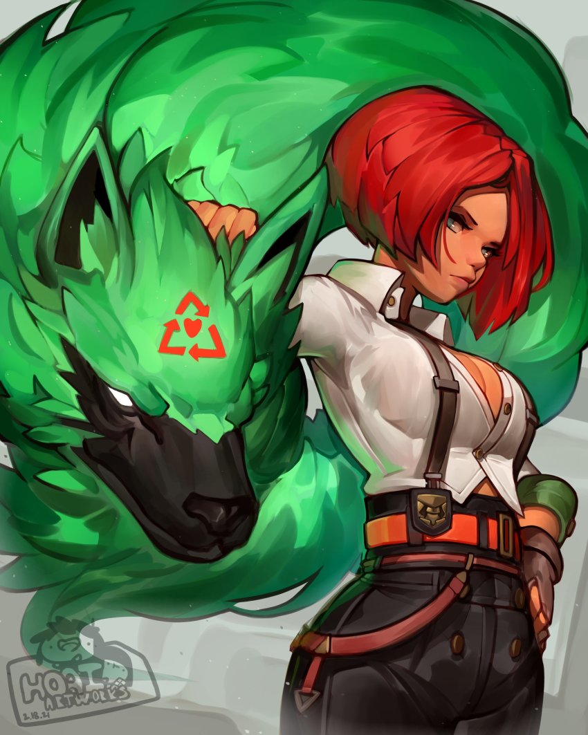 1girl 1other animal_ears ankle_boots arrow_(symbol) artist_name bell-bottoms belt boots breasts brown_gloves cleavage dark-skinned_female dark_skin facial_mark fingerless_gloves forehead_mark from_side full_body giovanna_(guilty_gear) gloves green_eyes green_fur guilty_gear guilty_gear_strive hand_on_own_hip headpat high-waist_pants highres hoai_vu large_breasts looking_at_viewer looking_to_the_side medium_hair multiple_belts pants parted_bangs partially_unbuttoned recycling_symbol red_hair rei_(guilty_gear) signature snout standing suspenders wolf wolf_ears