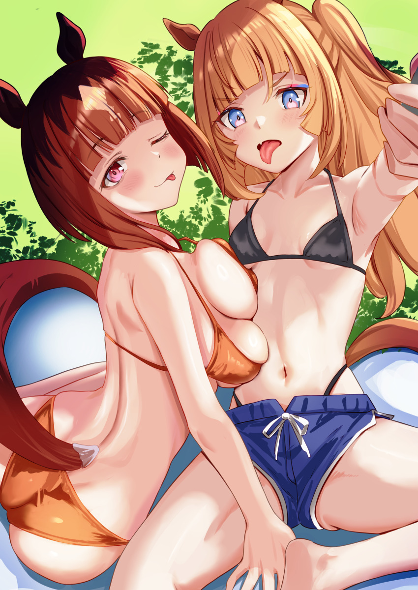 2girls ;p absurdres armpits ass asymmetrical_docking barefoot bikini bikini_under_shorts blonde_hair blue_eyes breast_press brown_hair commentary_request espoir_city_(umamusume) feet gradient_eyes highres horse_girl multicolored_eyes multicolored_hair multiple_girls navel one_eye_closed open_mouth pink_bikini red_eyes short_hair side-tie_bikini_bottom side_ponytail sitting stomach streaked_hair string_bikini swimsuit tatsumi_yashiro tongue tongue_out transcend_(umamusume) umamusume v-shaped_eyebrows white_hair yokozuwari