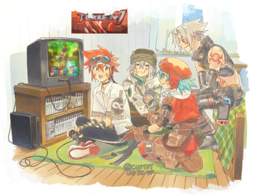 .hack// 4boys aqua_hair bed crt curtains custat game_boy game_console goggles goggles_on_head grey_hair handheld_game_console haseo_(.hack//) hat indoors kite_(.hack//) kuryuu_tokio male_focus multiple_boys nintendo_switch pants playstation_2 playstation_all-stars_battle_royale playstation_controller poster_(object) red_hair red_hat red_pants red_vest sony tekken tekken_7 television tsukasa_(.hack//) twitter_username vest