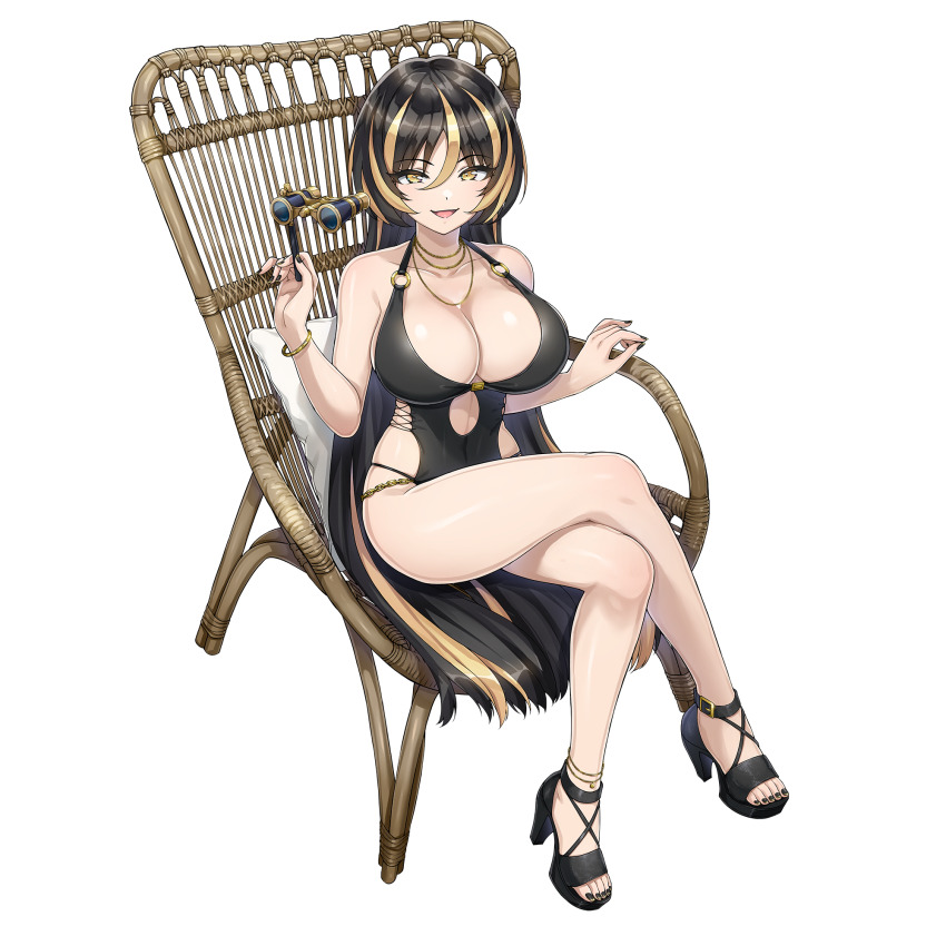 1girl amadea_wolfa black_hair black_one-piece_swimsuit blonde_hair blonde_streaks breasts cleavage crossed_legs dolphin_wave game_cg high_heels highres jewelry large_breasts long_hair looking_at_viewer multicolored_hair necklace non-web_source o-ring o-ring_swimsuit official_art on_chair one-piece_swimsuit ootomo_takuji opera_glasses sandals sitting smile solo striped_hair swimsuit transparent_background wicker_furniture yellow_eyes