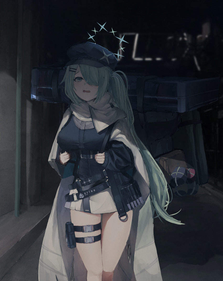 1girl absurdres bag black_bag black_jacket blue_archive cloak green_hair hair_over_one_eye highres hiyori_(blue_archive) holding holding_bag jacket kyatto-mikazu long_hair looking_up open_mouth scarf shaded_face side_ponytail sidelocks skirt thigh_strap white_cloak white_scarf white_skirt
