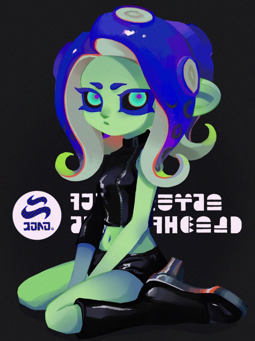 1girl agent_8_(splatoon) between_legs black_boots black_sclera black_shirt black_skirt blue_eyes blue_hair boots breasts closed_mouth colored_eyelashes colored_sclera colored_skin colored_tips crop_top full_body gradient_hair green_hair green_skin grey_background hand_between_legs high_heel_boots high_heels highres inkling_(language) ka1_(k4k37) knee_boots medium_hair midriff miniskirt multicolored_hair navel nintendo octoling octoling_girl octoling_player_character parted_bangs pencil_skirt pink_pupils sanitized_(splatoon) shirt simple_background single_sleeve skirt solo splatoon_(series) splatoon_2 splatoon_2:_octo_expansion suction_cups tentacle_hair two-tone_hair zipper zipper_pull_tab