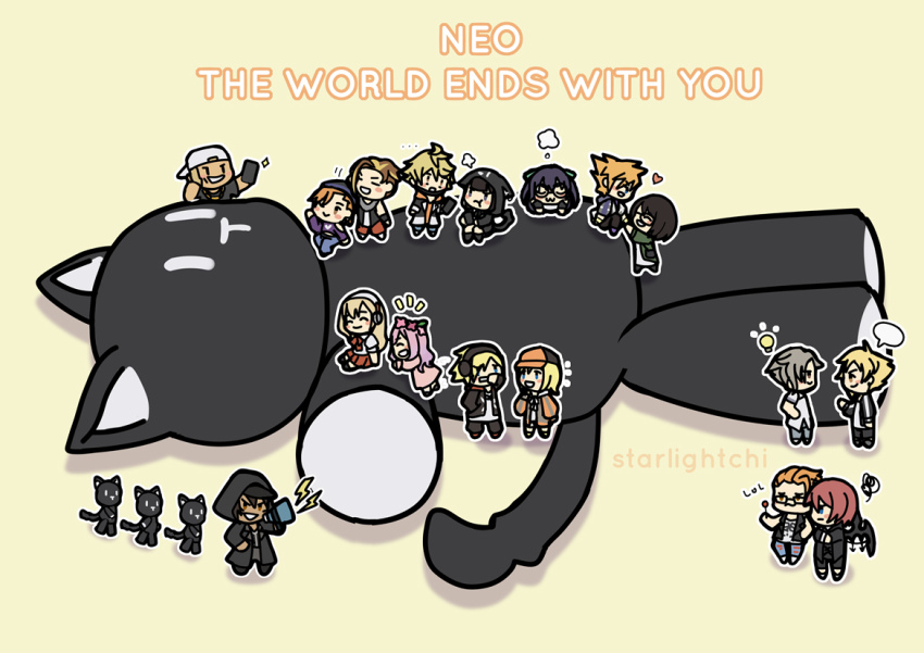 6+boys 6+girls :3 ahoge animal_ears animal_hood annoyed atarashi_coco beret black_wings blonde_hair blush brother_and_sister cat_hood cellphone chibi closed_eyes dress face_mask fake_animal_ears fake_tail furesawa_tosai glasses hair_over_one_eye hat headphones heart holding holding_megaphone holding_phone hood kanade_rindo kanon_(ntwewy) kariya_koki kiryu_yoshiya light_bulb long_hair mask matsunae_tsugumi megaphone mikagi_hazuki minamimoto_sho misaki_shiki mouth_mask multiple_boys multiple_girls nyantan orange_hair phone pink_dress pink_hair pout purple_shirt round_eyewear sakuraba_neku sakurane_shoka shin_subarashiki_kono_sekai shirt siblings sitting smartphone spiked_hair spiked_wings sports_jacket stuffed_animal stuffed_cat stuffed_toy subarashiki_kono_sekai susukichi_(ntwewy) tail tsundere usui_nagi wings yashiro_uzuki