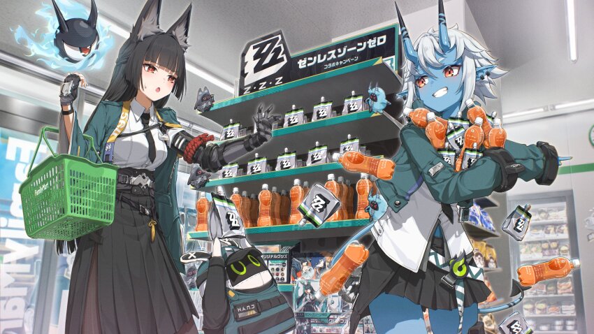 2girls animal_ears bangboo_(zenless_zone_zero) black_gloves black_hair black_necktie black_skirt blue_skin blunt_bangs blush clenched_teeth colored_skin cowboy_shot dark_skin dress_shirt earrings fake_animal_ears familymart fingerless_gloves fox_ears fox_girl gloves green_jacket hair_between_eyes high-waist_skirt highres horns hoshimi_miyabi indoors jacket jewelry long_hair looking_at_another multiple_girls necktie oni open_mouth pointy_ears red_eyes shirt sidelocks skirt slice_of_life smile soukaku_(zenless_zone_zero) sweatdrop tail teeth white_hair white_shirt yo_na zenless_zone_zero