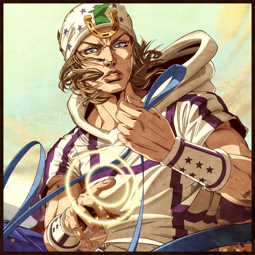 1boy anime_coloring araki_hirohiko_(style) beanie blue_eyes brown_hair grandguerrilla hat highres holding holding_reins hood hoodie horse_print horseshoe_hat_ornament johnny_joestar jojo_no_kimyou_na_bouken medium_hair parted_lips reins short_sleeves star_(symbol) star_print steel_ball_run teeth upper_body white_hat white_hoodie wristband