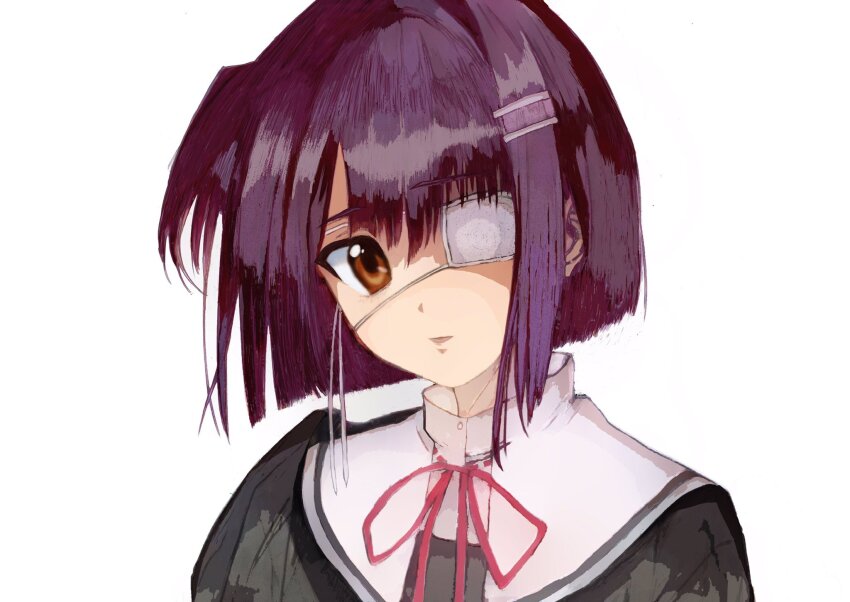 1girl black_dress brown_eyes dress ef_(visual_novel) eyepatch hair_ornament hairclip highres looking_at_viewer open_mouth portrait purple_hair red_ribbon ribbon shindou_chihiro short_hair simple_background solo tobi_mari white_background