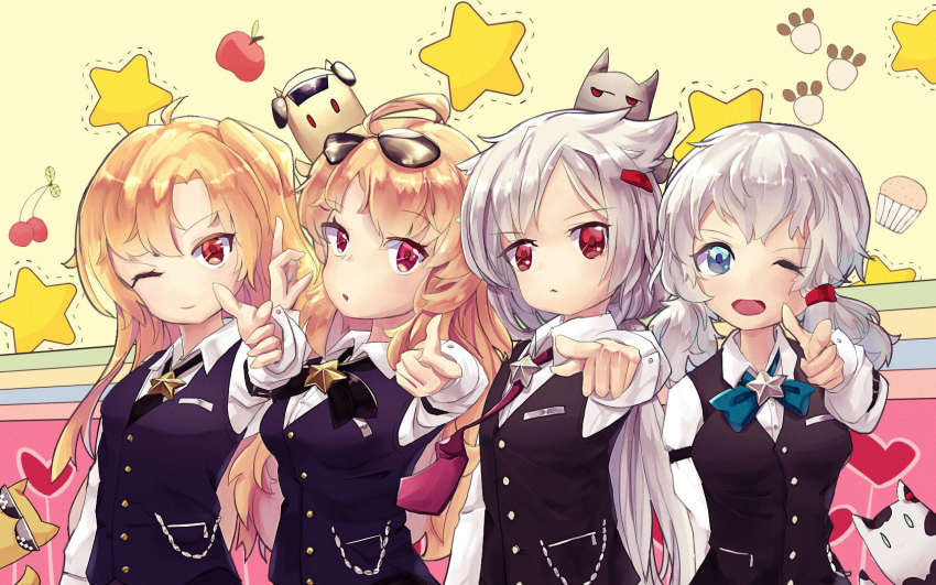 4girls apple azur_lane black_bow black_bowtie black_necktie blonde_hair blue_bow blue_bowtie blue_eyes bow bowtie cherry cleveland_(azur_lane) cleveland_(azur_lane)_(cosplay) cleveland_(gentry_knight)_(azur_lane) columbia_(azur_lane) cosplay denver_(azur_lane) eyewear_on_head food fruit grey_hair hair_ornament hairclip heart highres long_hair looking_at_viewer low_twintails montpelier_(azur_lane) multiple_girls necktie official_alternate_costume one_eye_closed parted_bangs parted_lips pointing pointing_at_viewer red_eyes star_(symbol) twintails xiao_fatiao